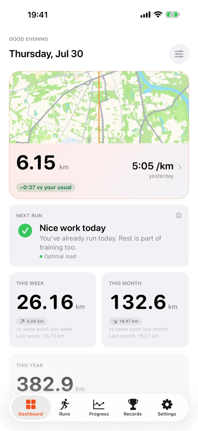 The TrueRun dashboard on iPhone: last run on a map, weekly, monthly and yearly distance.