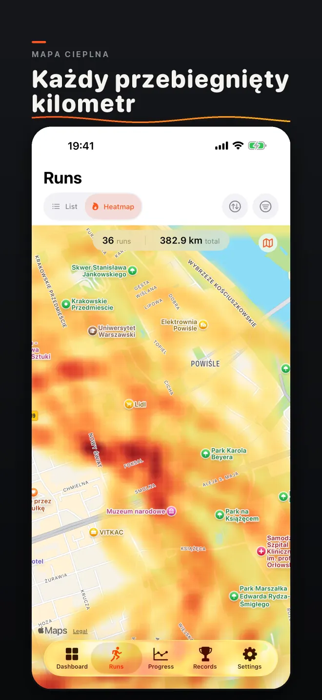 Zrzut ekranu: Mapa cieplna. Każdy przebiegnięty kilometr