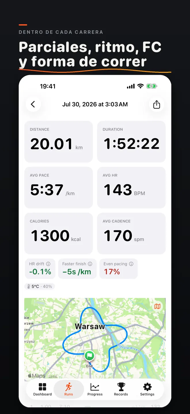 Captura de pantalla: Dentro de cada carrera. Parciales, ritmo, FC y forma de correr